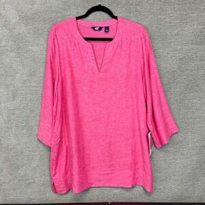 Lands' End‎ Pink Tunic Linen Blend Split Neck 3/4 Sleeves Large